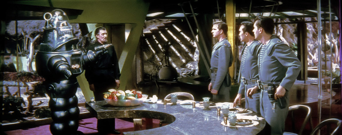 Leslie Nielsen,  Jack Kelly, Walter Pidgeon, Warren Stevens, Robby the Robot | "Forbidden Planet" (1956) *